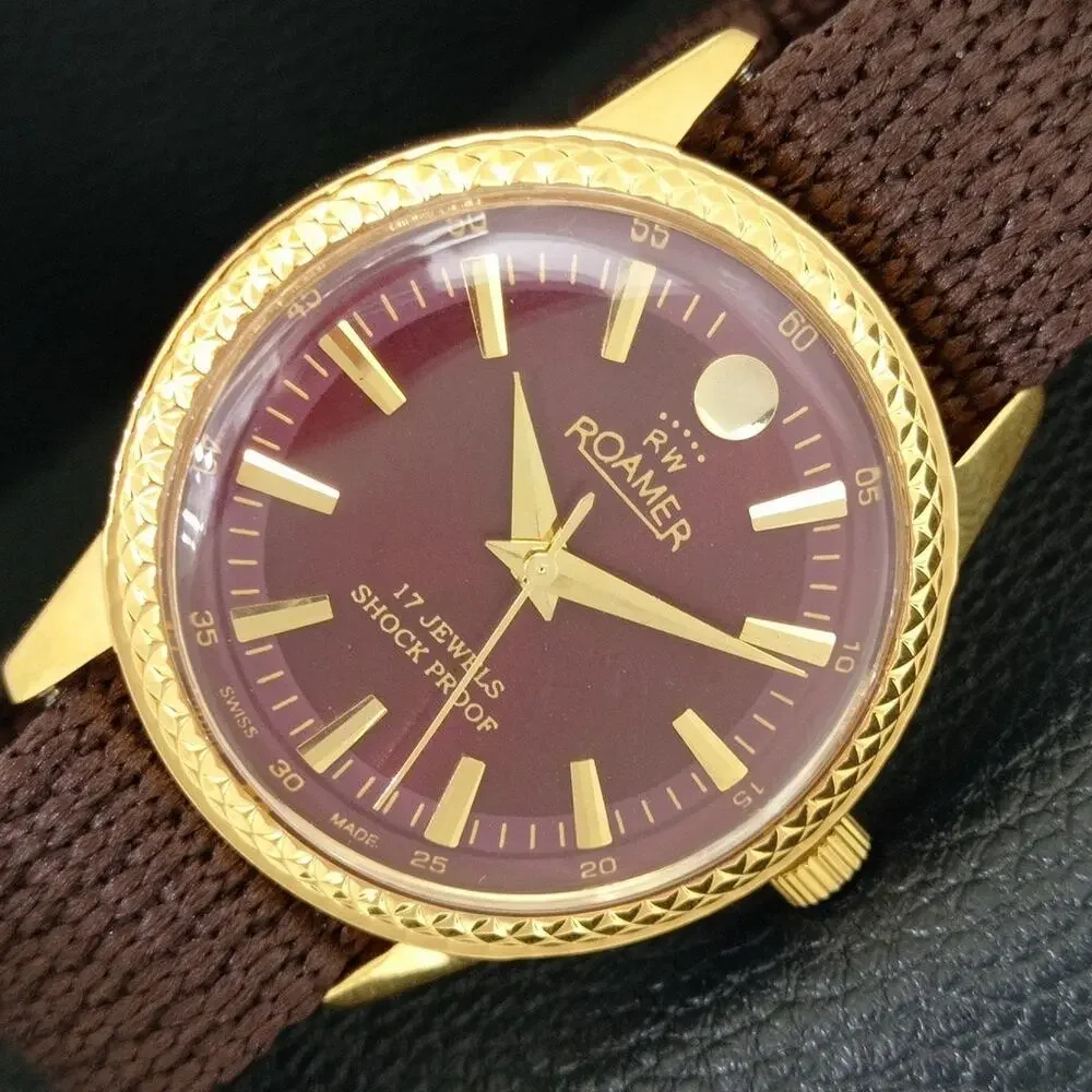 Vintage 1984 Roamer Manual Mens Gold Watch W/Nato Strap & Red accents